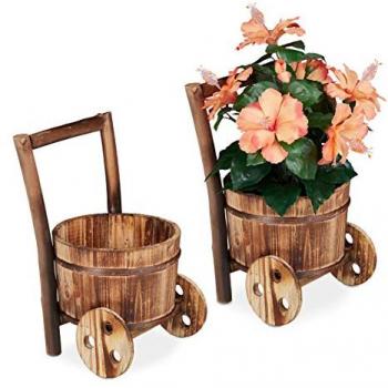 Carriole in Legno per Fiori, Set di 2 Carretti da Giardino, Design Vintage, Porta Vasi Naturale