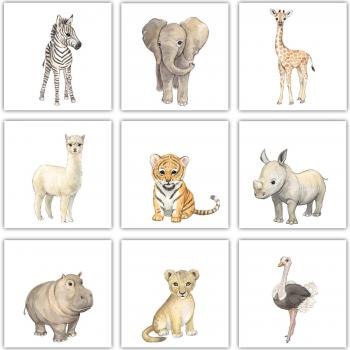 Frechdax® 9er Set Kinderzimmer Poster Baby Bilder 13x13cm | Waldtiere Baby Bilder