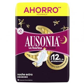 Compresas Ultrafinas Ausonia Noche Extra con Alas, 18 Unidades, Hasta 12 Horas de Protección