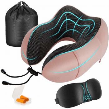 Cuscino da Viaggio Newdora Rosa con Supporto Cervicale e Maschera