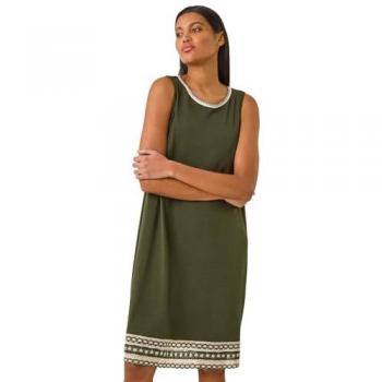 Women's Khaki Embroidered Trim Shift Dress (Stretch) – 16