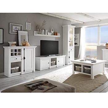 Wohnzimmer‑Sammelpaket WINGST-61: Landhaus‑Pinie, weiß, Couchtisch + 63 cm Vitrine