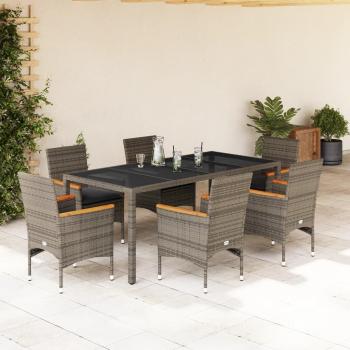 Conjunto de Jantar para Exterior 7 Peças com Almofadões em Vime PE e Vidro Cinza