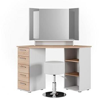 Coiffeuse Sofia d'angle, Blanc/Sonoma, 128.4 cm avec tabouret