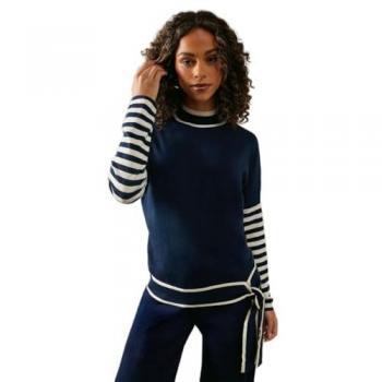High Neck Jumper with Tie Waist and Striped Sleeves