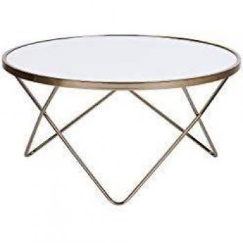 Table Basse en Métal Doré avec Plateau en Verre Blanc