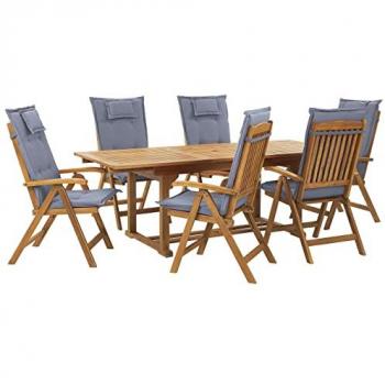 Conjunto de comedor de jardín plegable de acacia con cojines azules, 6 plazas