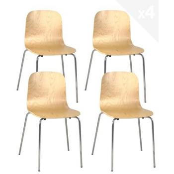 Pack de 4 Sillas RIO con Diseño Retro, Sección de Madera Clara y Pies Cromados