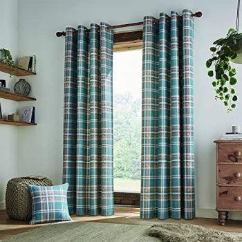 Catherine Lansfield Teal Check Cotton Curtains