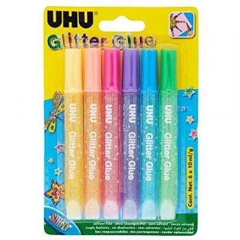 BLISTER 6 GLITTER GLUE SHINY COLORES SURTIDOS UHU