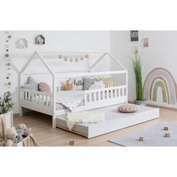 TiCAA Kinderbett Hausbett Kay 90x200 cm, 100x200 cm, 120x200 cm, 140x200 cm, inkl. Rolllattenrost, Matratze, Zusatzbett und Rausfallschutz, Montessori Bett weiß