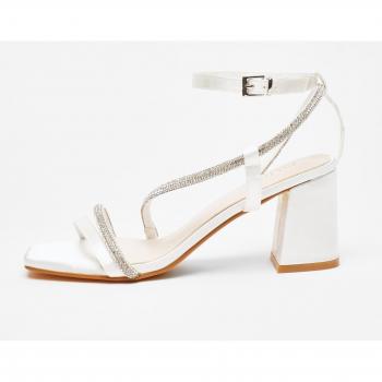 White Satin Diamante Block Heeled Sandals for Brides