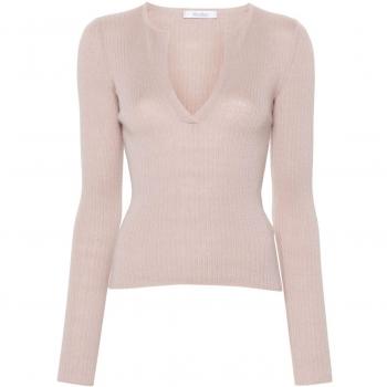 Max Mara Women's Silk And Cashmere Blend Top in Powder, Size Large, V-neck Knitwear, Female, Pink