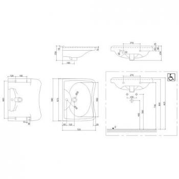 Lavabo per disabili ergonomico in ceramica bianca 68x53 cm con poggia gomiti
