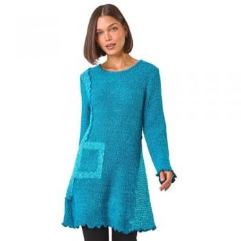 Longline Teal Textured Pocket Jumper for Women