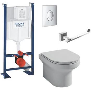 Pack WC suspendu Jacob Delafon Elite abattant sans bride + Bâti support Grohe RapidSL + plaque chromée + porte-rouleau chromé