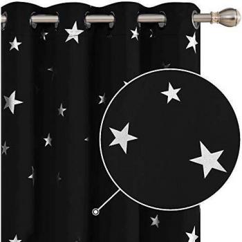 Cortinas Deconovo Opacas para Sala de Estar Estrellas Plateadas 140 x 240 cm Negro