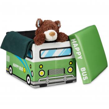 Baule per Giocattoli Bambini, 32x48x32 cm, Pieghevole, Sgabello in Similpelle, 37 L, Stile Bus Verde