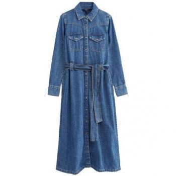 Vêtement uni Next Western, robe chemise denim mi-long, 100 % coton bleu nuit