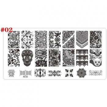 Plaque d'estampage pour ongles en métal Blue Zoo Nai, 12x6cm, motifs arbre, fleur, plume BZ014