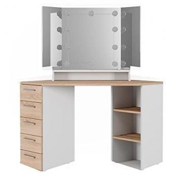 Coiffeuse d'angle, Sofia, Blanc/Sonoma, 128.4 cm avec éclairage LED