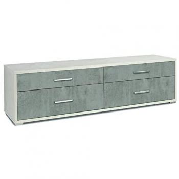 Mobile TV in legno con 4 cassetti, colore Ossido Bianco e Cemento, dimensioni 179x47x50 cm