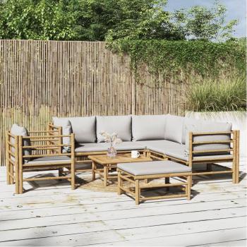 Ensemble de mobilier de jardin 8 pièces en bambou avec coussins gris clair
