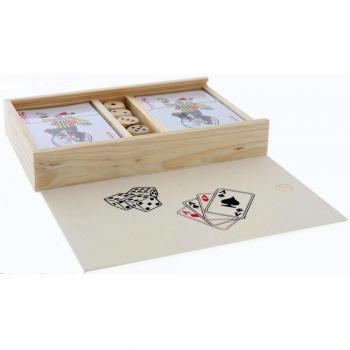 Two deck packs of playing cards and Five wooden dice set in a wooden box