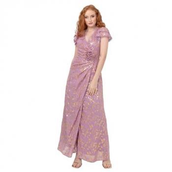 Foil Corsage Golden Faux Wrap Maxi Dress