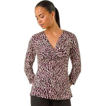 Roman Petite Animal Print Twist Front Top – Wine, Women’s Size 14