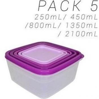 Portapranzo 5 pezzi quadrati plastici multicolore, colore viola – 20167-MOR