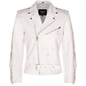 Men's Tokyo White Leather Fringe Biker Jacket