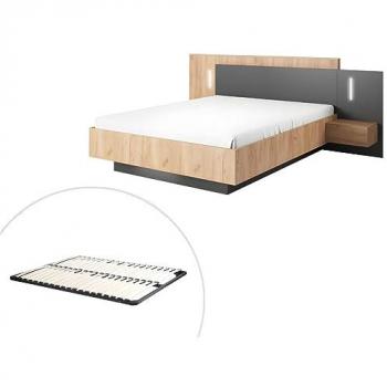 Vente‑Unique Letto Con Comodini 160x200, 2 cassetti, LED naturale e antracite – Francoli