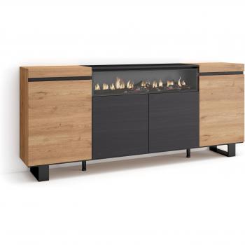 Buffet contemporain, 200x35x87cm, cheminée effet feu, chêne noir