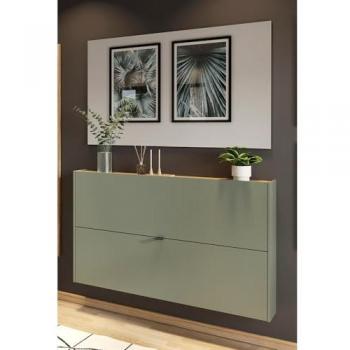 Garderobe ABERDEEN-01, schmal, grün mit Eiche, 2-teilig, inkl. Spiegel und Schuhschrank