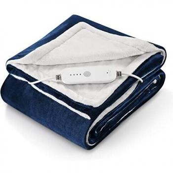 Electric Heated Blanket Throw Large Soft Flannel Warm Blanket with 6 Hours Auto Off & 6 Heat Settings Removable Switch Washable 130x180 cm Blue & White