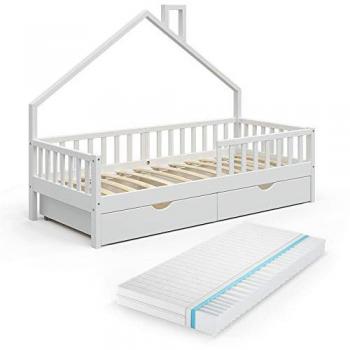 Vitalispa – Lit cabane Noemi, Blanc, 90x200 cm avec 2 tiroirs et matelas