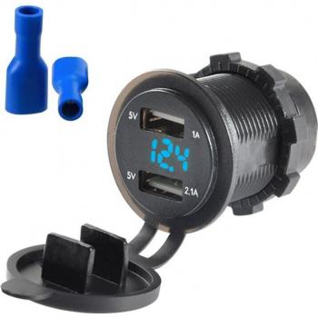 2.1A Dual USB Charger Socket for 12-24V Vehicles with Voltmeter