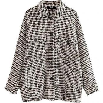 Abrigo de Cuadros Tweed con Bolsillos Largo