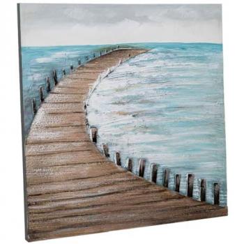 Cuadro Pintado a Mano con Relieve Azul y Madera de Abeto 80 x 3 x 80 cm