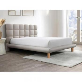 Lit 140 x 190 cm avec tête de lit matelassée en tissu beige + Matelas FUDALI