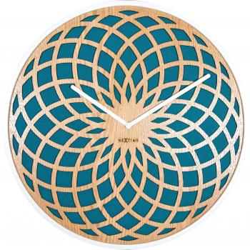 Türkis‑Holz Wanduhr SUN SMALL (NeXtime) – 35 cm, lautlos