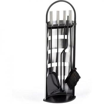 Ensemble serviteur de cheminée noir inox 5 éléments avec support