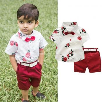 3-Piece Set for Toddler Boys: White Floral Shirt, Red Shorts, and Belt (Ages 1-7)