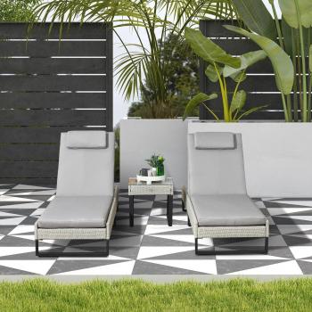Outsunny Rattan Sun Lounger Set with Cushions 5 Level Chaise Lounge Chairs Grey