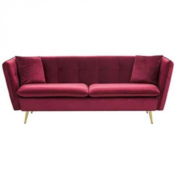 Frederica Dark Red Velvet 3 Seater Sofa with Gold Legs and 2 Pillows