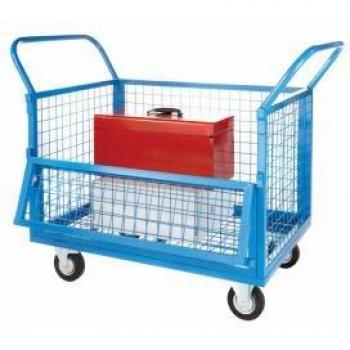 4‑Sided Blue Wire Mesh Truck with Fixed Swivel Front & Drop‑Down Castors