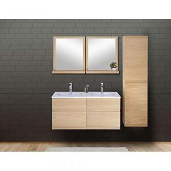 Estantería bajo lavabo de roble con encimera de resina Enio 120 cm, espejo incorporado y columna cerrada