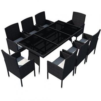 Set tavola e sedie polirattan nera 9 pezzi, cuscini inclusi
