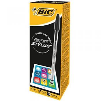 Caja de bolígrafos de tinta de aceite BIC Cristal Stylus 902124 para pantallas táctiles, 12 unidades, negros